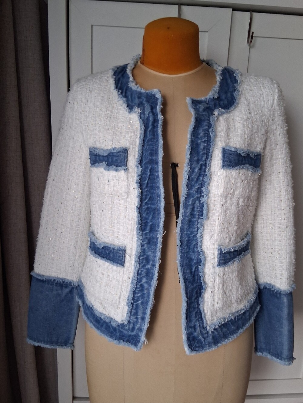 Nanette Lepore White Tweed Jacket with Distressed Blue Denim S EUC